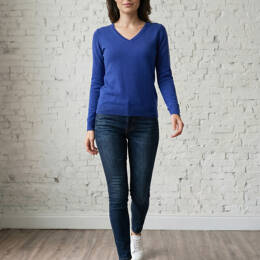 Pull Col V Femme Bleu Cobalt Merinos-cachemire - Fanny