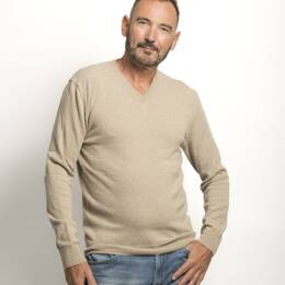 Pull Col V Homme Beige Mérinos-cachemire- César