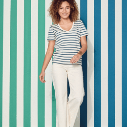 Marinière - Rayure Bleu pétrole / Ecru - Col V - Blanc - Femme