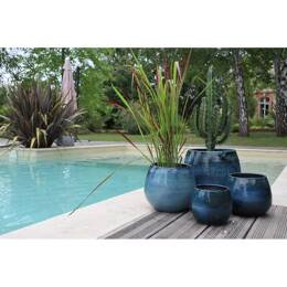 Pot rond large en terre cuite forme U artisanal nuances de bleu -