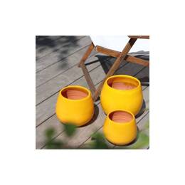 Pot rond large en terre cuite forme U jaune moutarde et bronze Ibiza