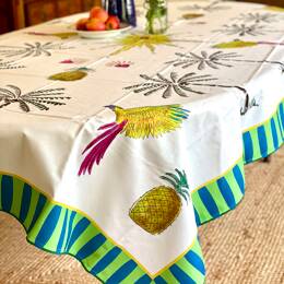 Nappe COTON - Palmiers, perroquets et ananas - Blanc