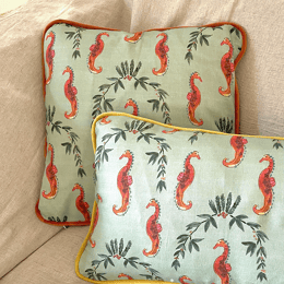 Housse de coussin mat - Hippocampes et lauriers - Fond vert