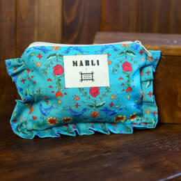 Trousse froufrou Sophia - Motif oiseaux fond bleu canard