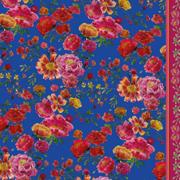 Nappe COTON - Bouquet de roses fond bleu
