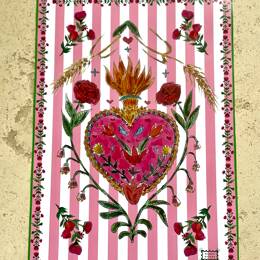 Affiche A4 - Cœur sacré fond rayures blanches et roses