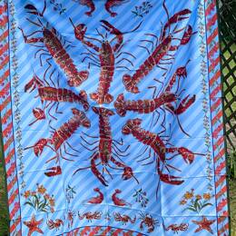 Paréo - Homards et crevettes - Rayures bleues - Cadre orange et bleu