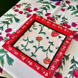 PLATEAU BOIS - Peint rouge fleuris - fleurs anglaise lin coton