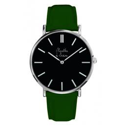 Montre Homme La Véritable bracelet cuir vert fond noir chromée