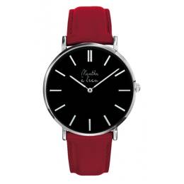 Montre Homme La Véritable bracelet cuir rouge fond noir chromée