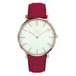 Montre Homme La Véritable bracelet cuir rouge fond blanc rose dorée