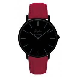 Montre Homme La Véritable bracelet cuir rouge fond noir finition noire