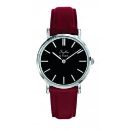 Montre Femme La Véritable bracelet cuir bordeaux fond noir chromée