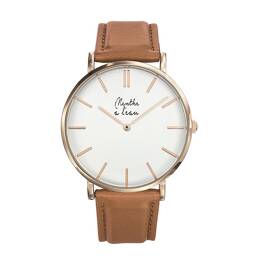 Montre Homme La Véritable bracelet cuir camel fond blanc rose dorée
