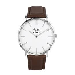 Montre Homme La Véritable bracelet cuir Marron fond blanc chromée