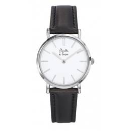 Montre Femme La Véritable bracelet cuir noir fond blanc chromée
