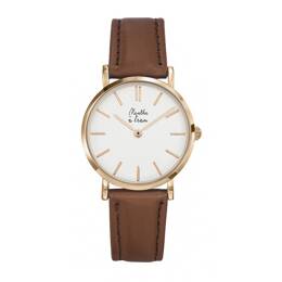 Montre Femme La Véritable bracelet cuir camel fond blanc rose dorée