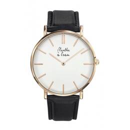 Montre Homme La Véritable bracelet cuir noir fond blanc rose dorée