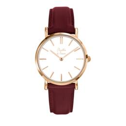 Montre Femme La Véritable bracelet cuir bordeaux fond blanc rose dorée