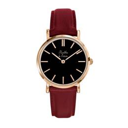Montre Femme La Véritable bracelet cuir bordeaux fond noir rose dorée