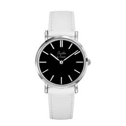 Montre Femme La Véritable bracelet cuir blanc fond noir chromée