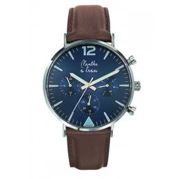 Montre Homme La Précise bracelet cuir marron fond bleu chromée