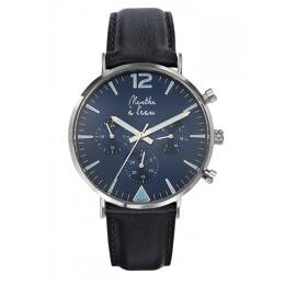 Montre Homme La Précise bracelet cuir noir fond bleu chromée