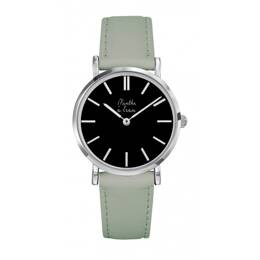 Montre Femme La Véritable bracelet cuir vert d'eau fond noir chromée