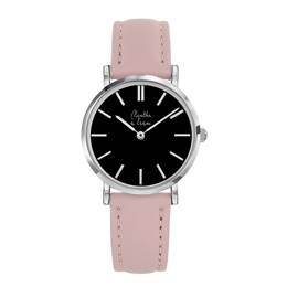 Montre Femme La Véritable bracelet cuir rose pastel fond noir chromée