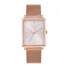 Montre Femme La Rectangle maille dorée rose fond blanc