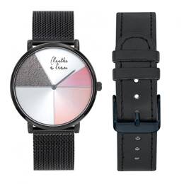 Coffret Montre Mixte L'Indécise maille noire rose design + façon c
