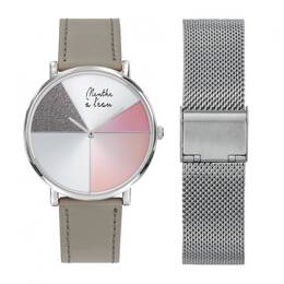 Coffret Montre Mixte L'Indécise façon cuir gris rose design + maille