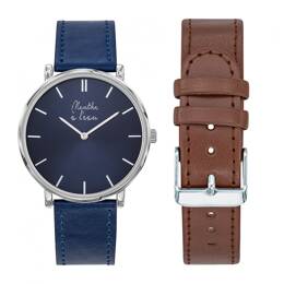 Coffret Montre Mixte L'Indécise façon cuir bleu fond bleu + façon cu