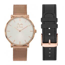 Coffret Montre Mixte L'Indécise maille dorée rose fond soleillé + fa