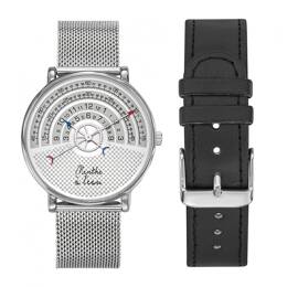 Coffret Montre Mixte La Rapporteuse maille chromée + façon cuir noir