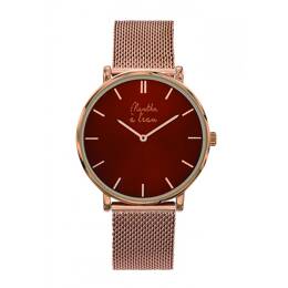 Montre Mixte L'Indécise maille dorée rose fond rouge