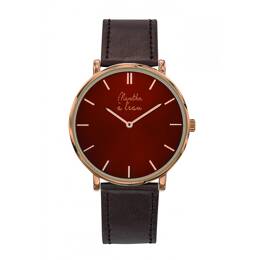 Montre Mixte L'Indécise bracelet façon cuir marron fond rouge rose d