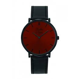 Montre Mixte L'Indécise bracelet façon cuir noir fond rouge noir