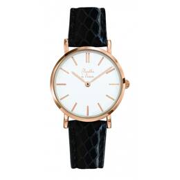 Montre Femme La Véritable bracelet cuir python noir fond blanc rose