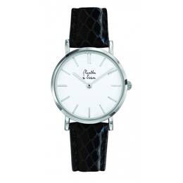 Montre Femme La Véritable bracelet cuir python noir fond blanc chromée