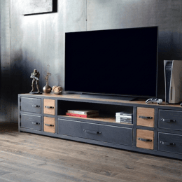 Meuble TV gaming industriel sur mesure en chêne et acier - PHAÉTON