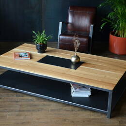 Grande table basse en chêne massif et acier patiné - HESTIA