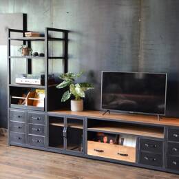 Meuble TV Hi-Fi et rangement vinyles sur mesure en chêne massif et acier - ORION