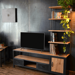 Meuble TV bibliothèque sur mesure en chêne massif et acier - ASTRÉE