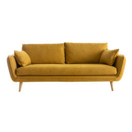Canapé scandinave 3 places en tissu jaune cumin et bois clair CREEP