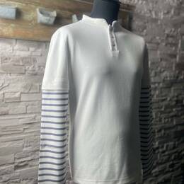 Polo Homme Blanc & Manches Longues Rayées Blc-Gris Bleu