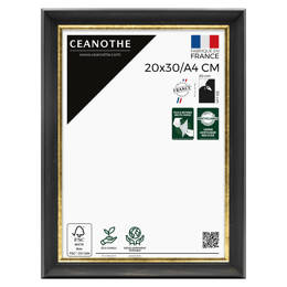 Cadre photo Pandore noir doré 20x30/A4 cm et 20x30 cm/A4 - Pour photo et poster A4 - Verre acrylique - Fabriqué en France - Ceanothe