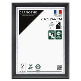 Cadre photo Pandore noir argent 20x30/A4 cm et 20x30 cm/A4 - Pour photo et poster A4 - Verre acrylique - Fabriqué en France - Ceanothe