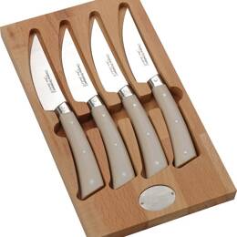 Coffret de 4 couteaux de table Christian Etchebest par Jean Dubost, manche en micarta façon bois veiné clair