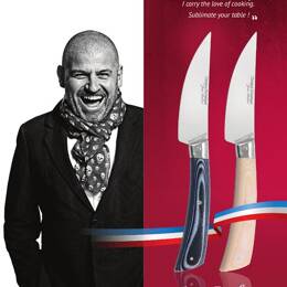 Couteaux de table Christian Etchebest par Jean Dubost, manche en micarta façon bois veiné foncé, coffret de 4 couteaux